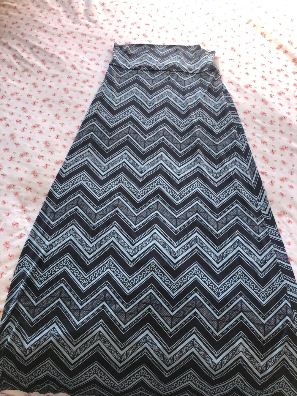 Chevron Print Black and Light Blue Maxi Skirt